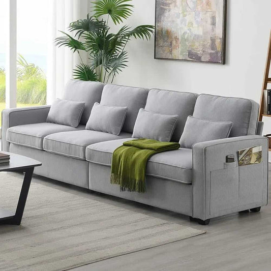 Linen Sofa Light Grey Fabric with Armrest Pockets & Pillows (4-Seater)